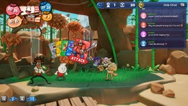 Two characters squaring off with an enemy in cartoon RPG Born Of Bread, with a faux-social-media feed down the righthand side and actions displayed as a handful of cards.
