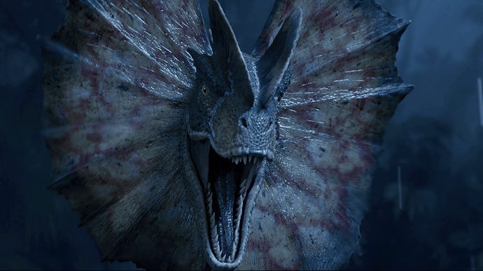 A close-up of a fan-crested dinosaur with gaping jaws in Jurassic Park: Survival