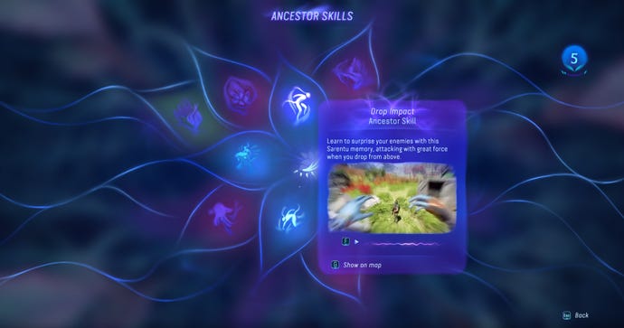 A look at the Drop Impact ability in the Ancestor Skills section of Avatar: Frontiers of Pandora.