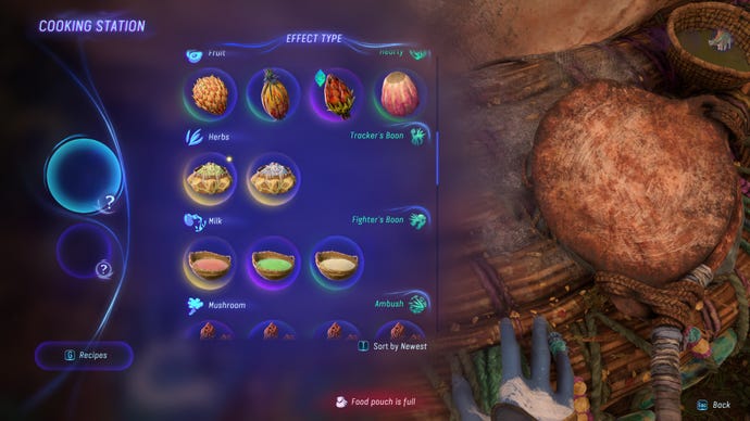 Screenshot of the cooking menu in Avatar: Frontiers Of Pandora